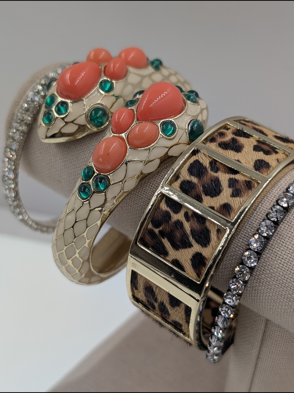 Gold Leopard Print and Coral Gem Snake Cuff Bracelet Set 0206 - Picture 9 of 9